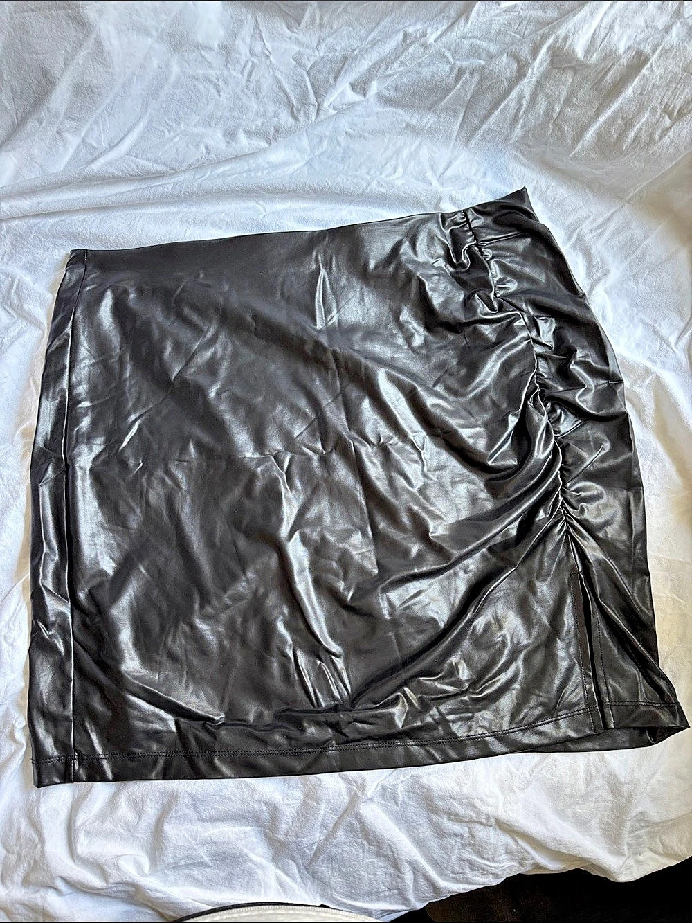 Ruched Faux Leather Mini Skirt Black